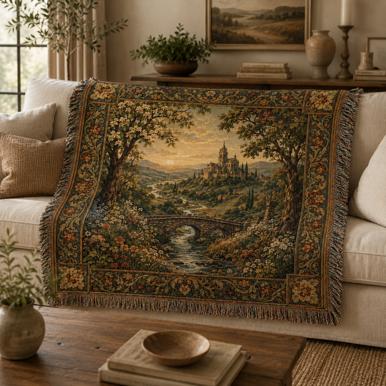 Old world abbey valley woven tapestry draped over a neutral sofa in a warm rustic living room