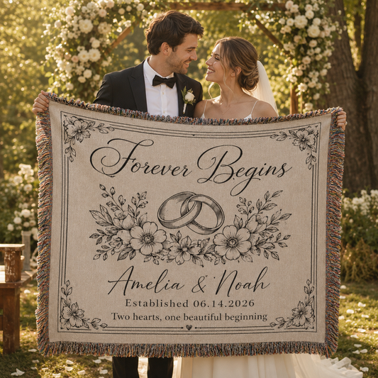 Bride and groom holding a personalized woven wedding blanket outdoors