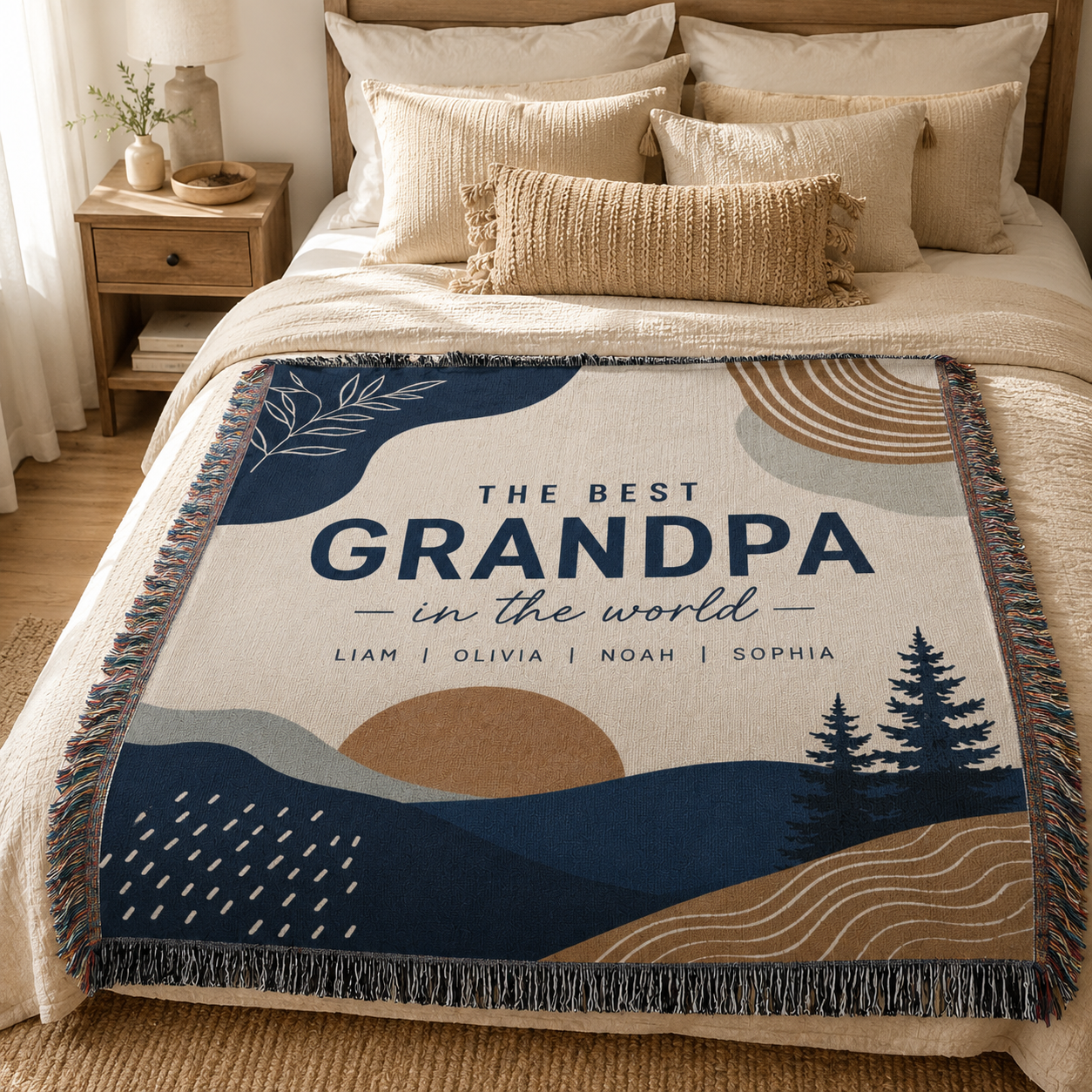 Personalized Best Grandpa woven blanket styled on a warm neutral bedroom