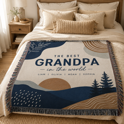 Personalized Best Grandpa woven blanket styled on a warm neutral bedroom