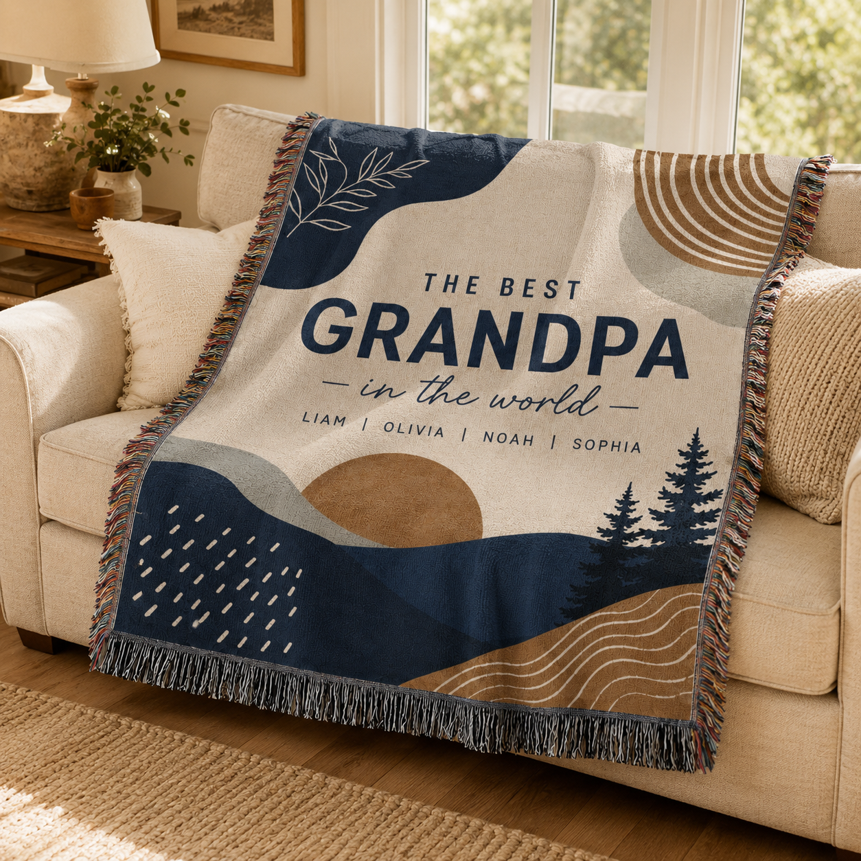 Personalized Best Grandpa woven blanket displayed on a cozy living room sofa