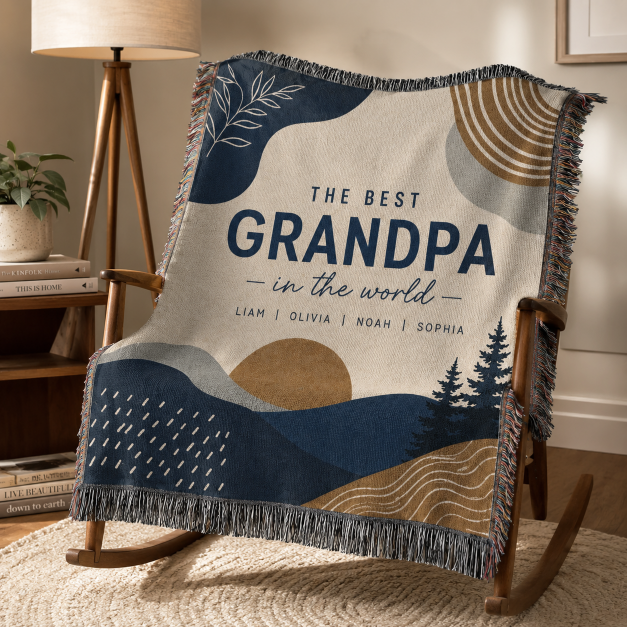 Personalized Best Grandpa woven throw blanket on a wooden rocking chair