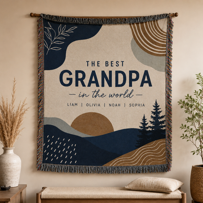 Personalized Best Grandpa woven blanket displayed as rustic wall decor