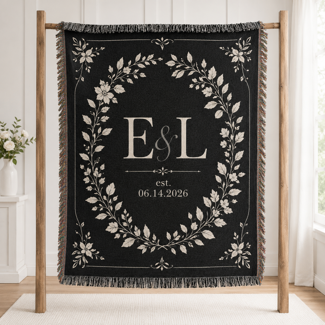 Personalized black botanical wedding woven blanket with initials and wedding date