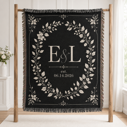 Personalized black botanical wedding woven blanket with initials and wedding date