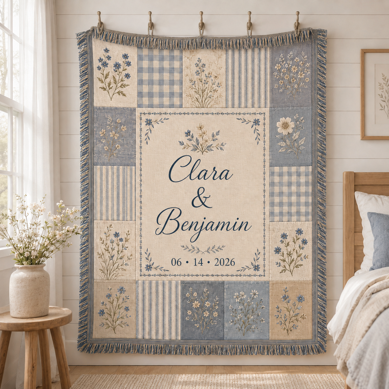 Personalized blue patchwork wedding woven blanket with couple names and wedding date