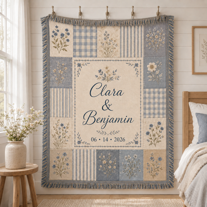Personalized blue patchwork wedding woven blanket with couple names and wedding date