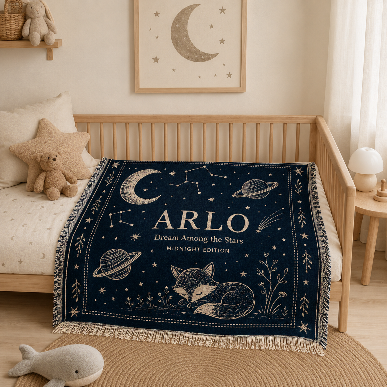 Personalized celestial nursery woven blanket styled on a light wood toddler bed