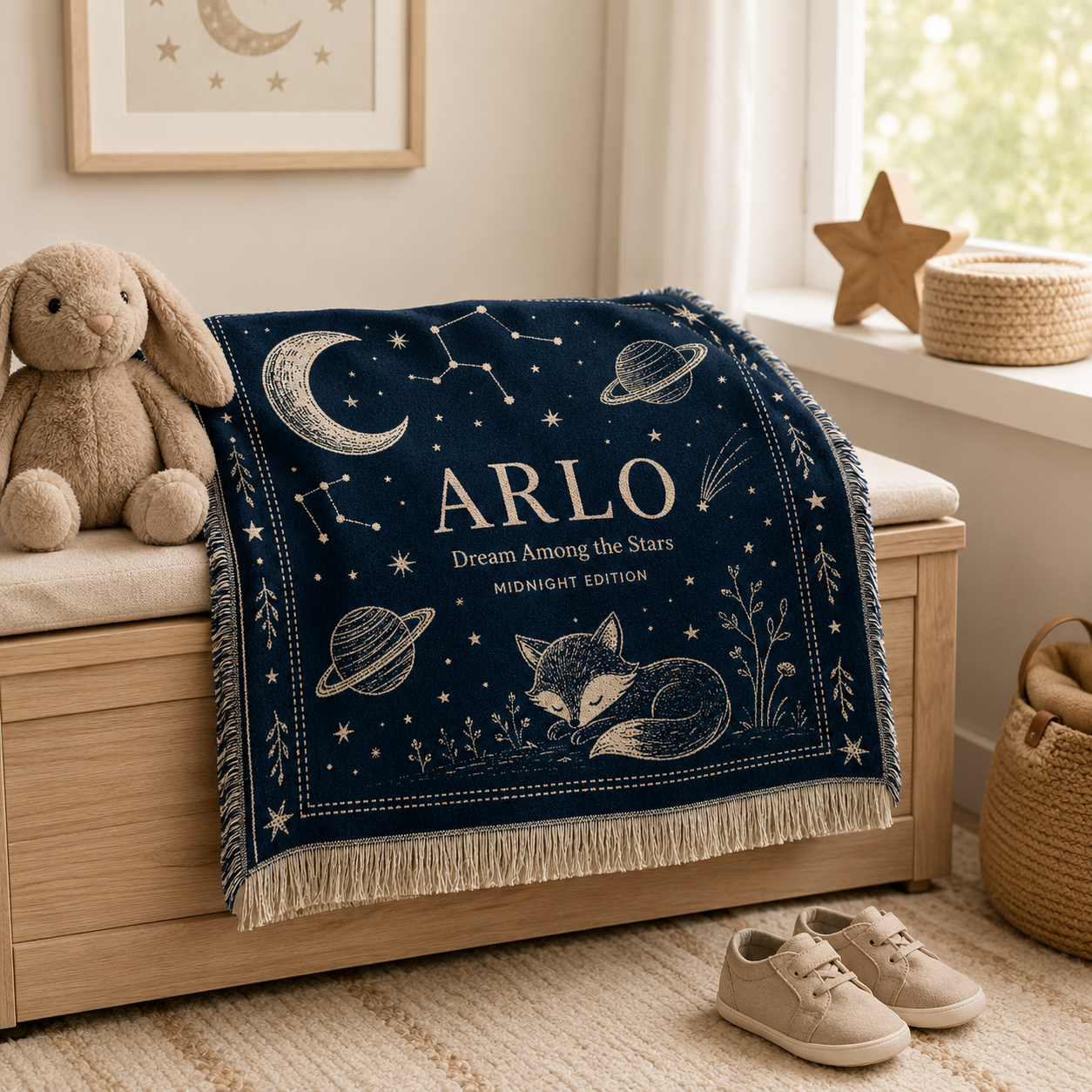 Personalized celestial nursery woven blanket folded on a wooden nursery bench with baby shoes and plush bunny