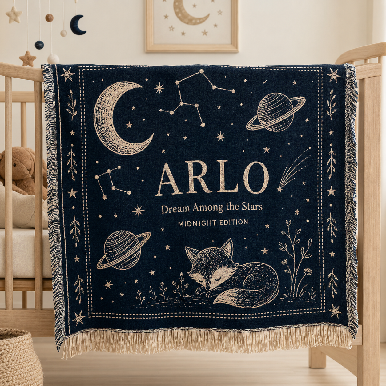 Personalized celestial nursery woven blanket with name Arlo, crescent moon, planets, stars, constellations and sleeping fox
