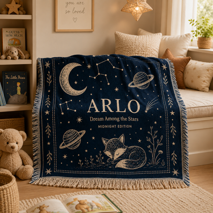 Personalized celestial nursery woven blanket in a cozy children's reading nook