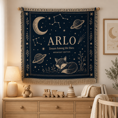 Personalized celestial nursery woven blanket displayed as wall decor above a wooden dresser