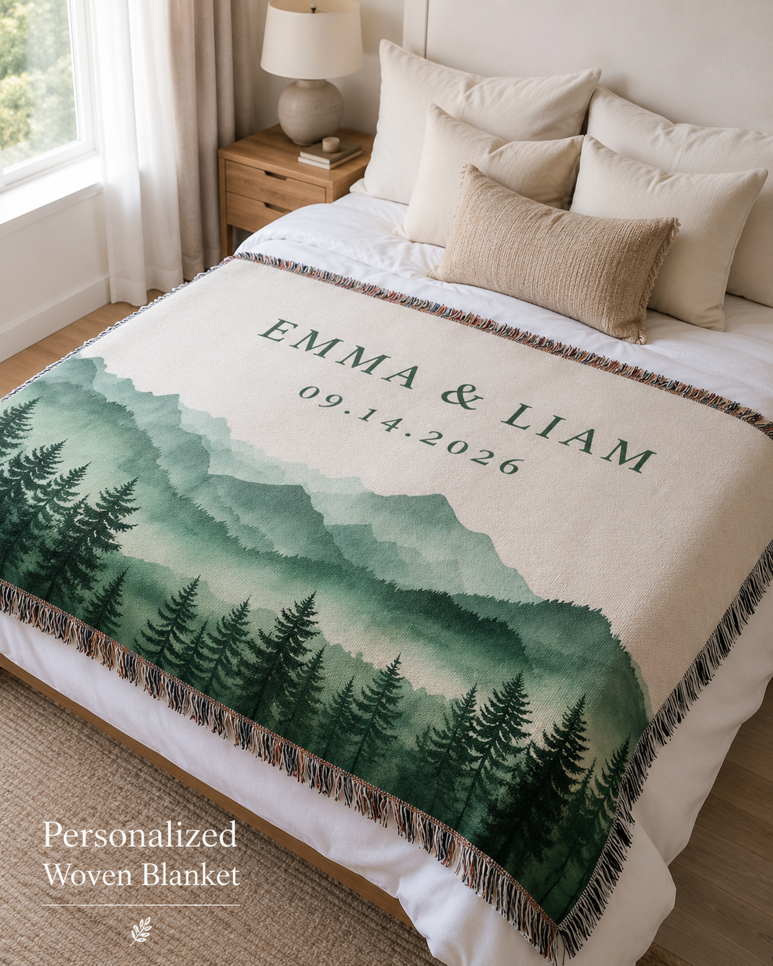 Personalized couple woven blanket displayed on a cozy bedroom bed