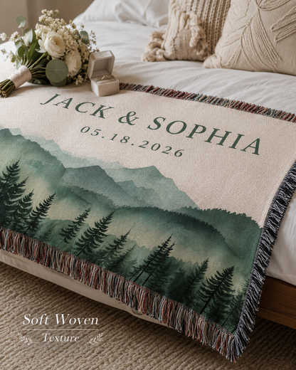 Close-up of personalized couple woven blanket texture and fringe detail