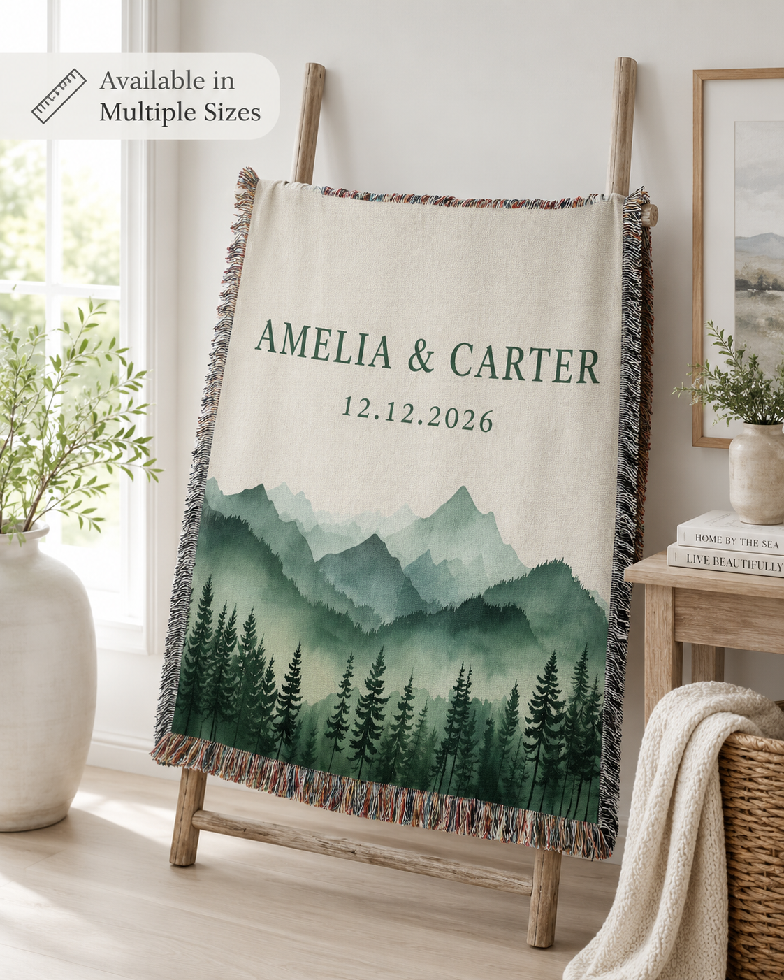 Personalized couple woven blanket displayed on a ladder showing multiple size availability