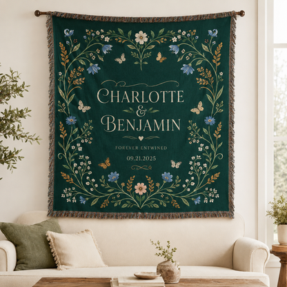 Personalized emerald wedding woven blanket with couple names and date