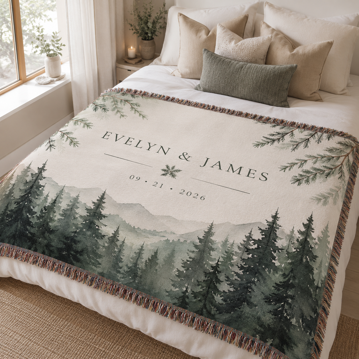 Personalized evergreen mountain woven blanket with couple names and wedding date displayed on a neutral bed