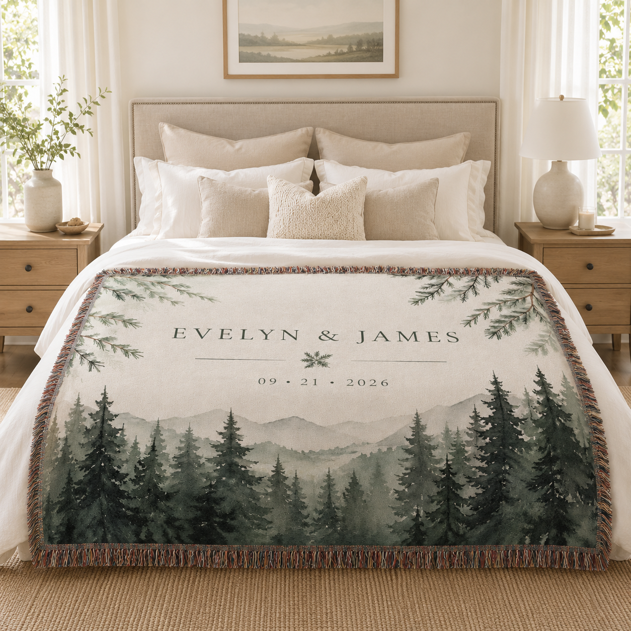 Personalized evergreen mountain woven blanket styled across a bright neutral bedroom bed