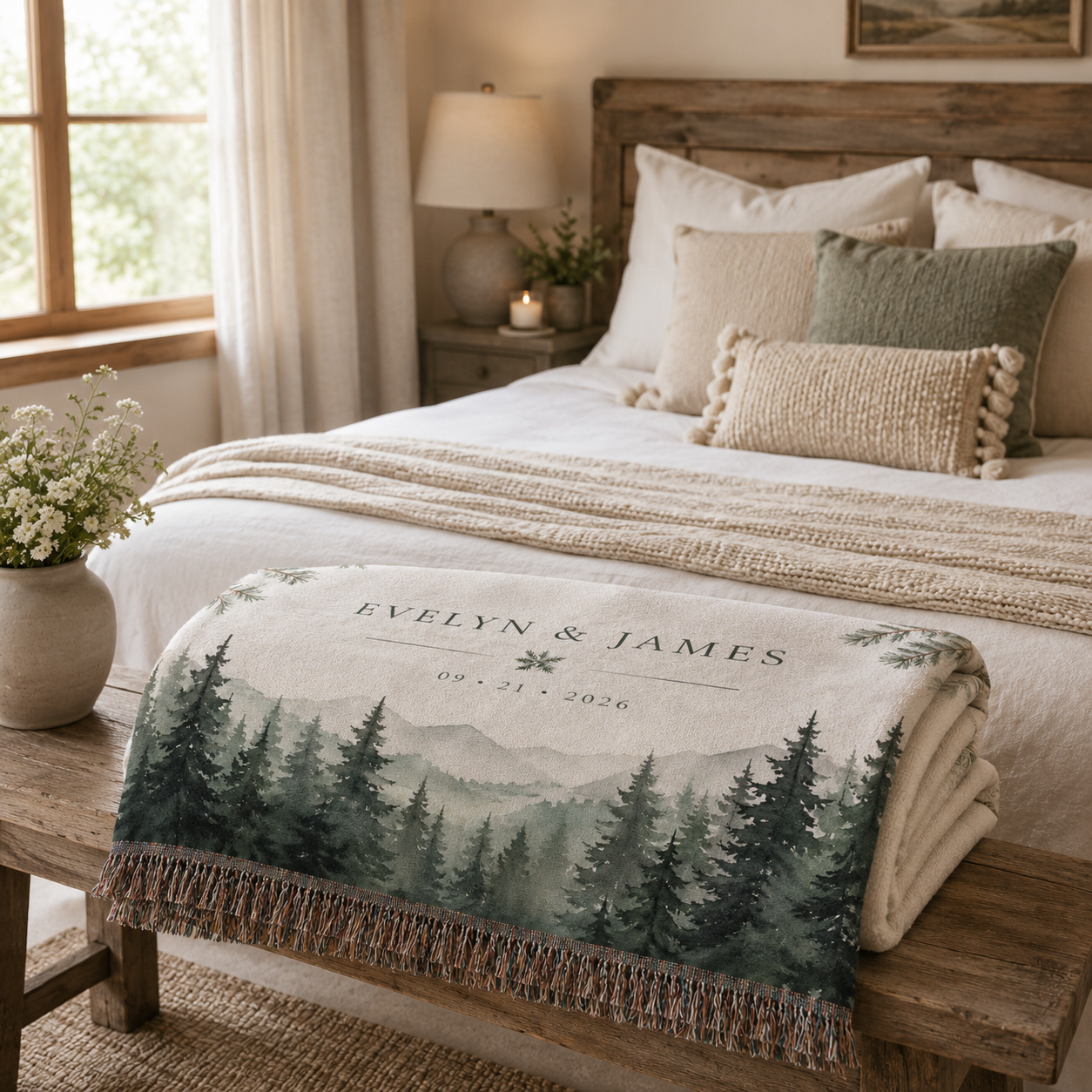 Personalized evergreen mountain woven blanket folded on a rustic bedroom bench with neutral decor