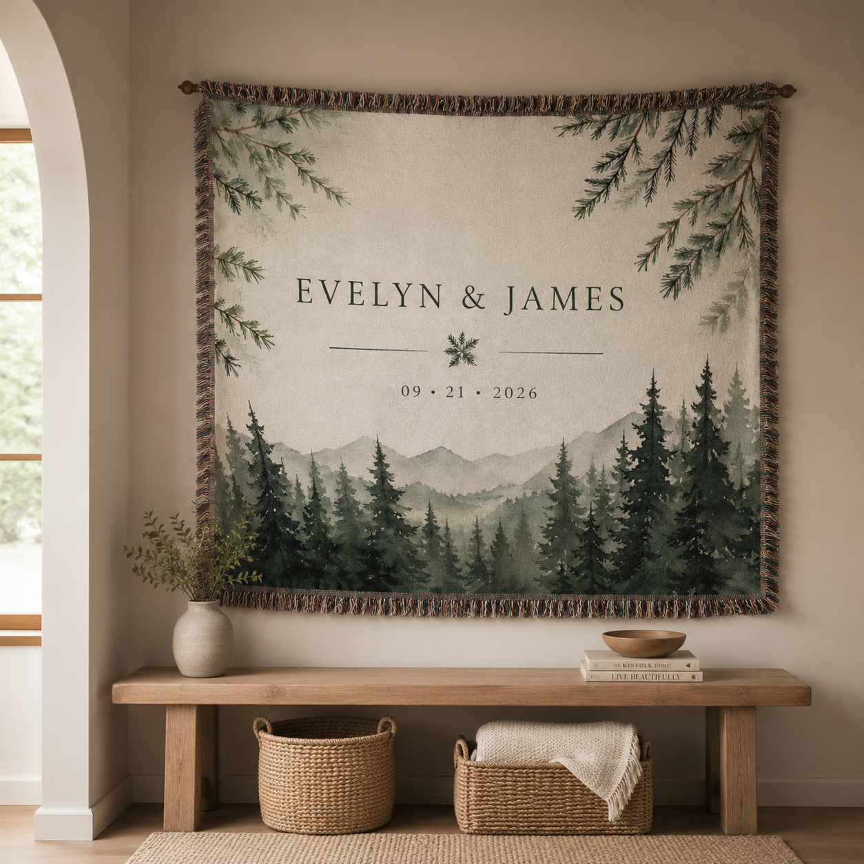Personalized evergreen mountain woven blanket displayed as a wall tapestry above a wooden bench