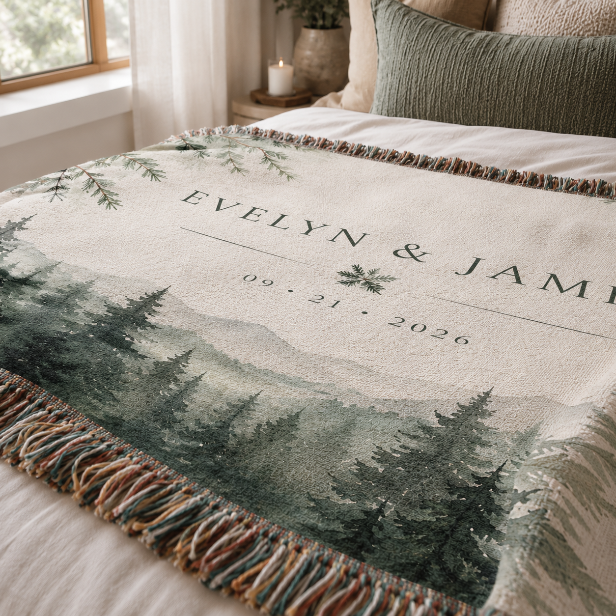 Close up of personalized evergreen mountain woven blanket showing woven texture and fringe detail