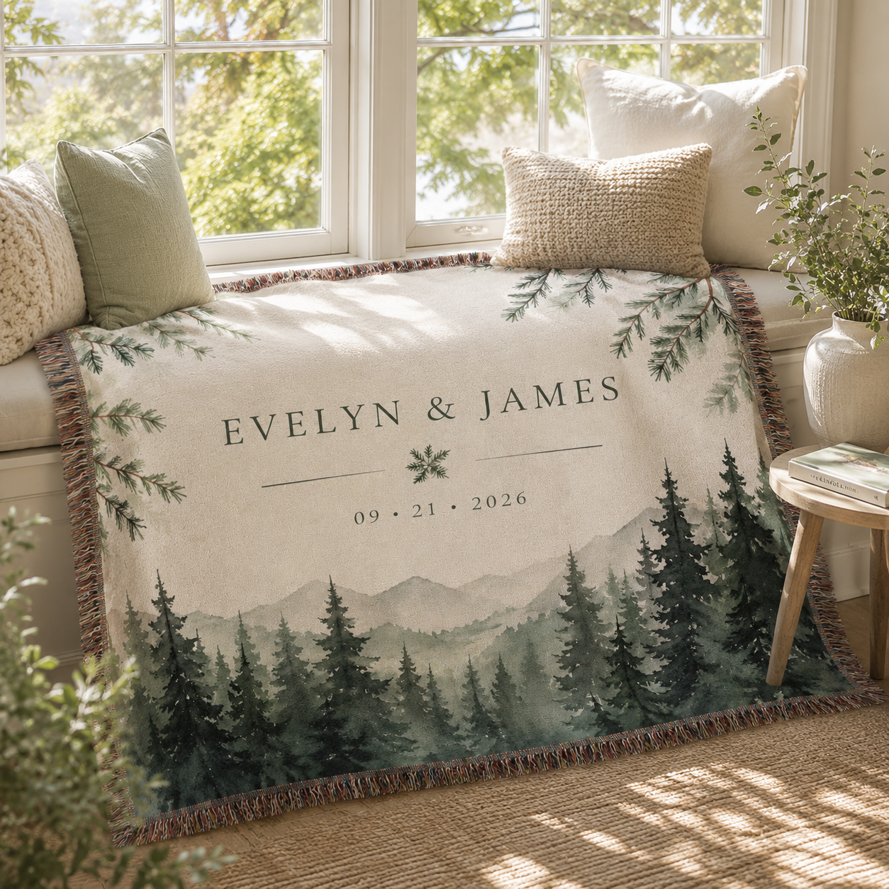 Personalized evergreen mountain woven blanket displayed on a bright window bench with greenery