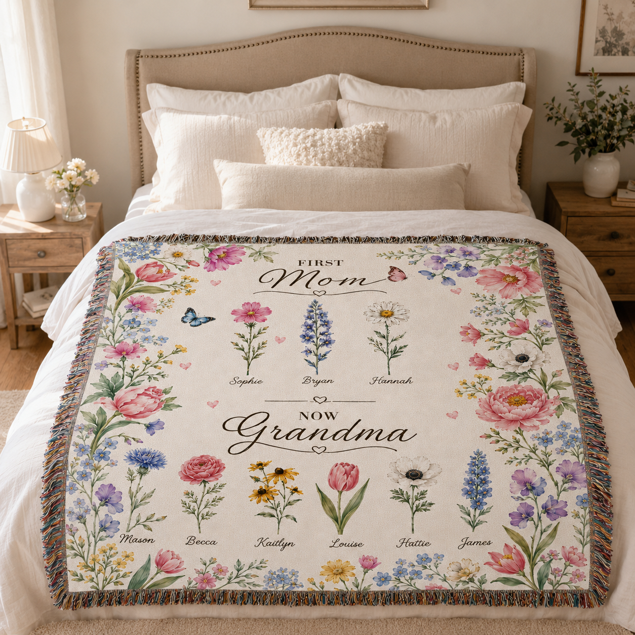 Personalized grandma birth flower blanket displayed on bed