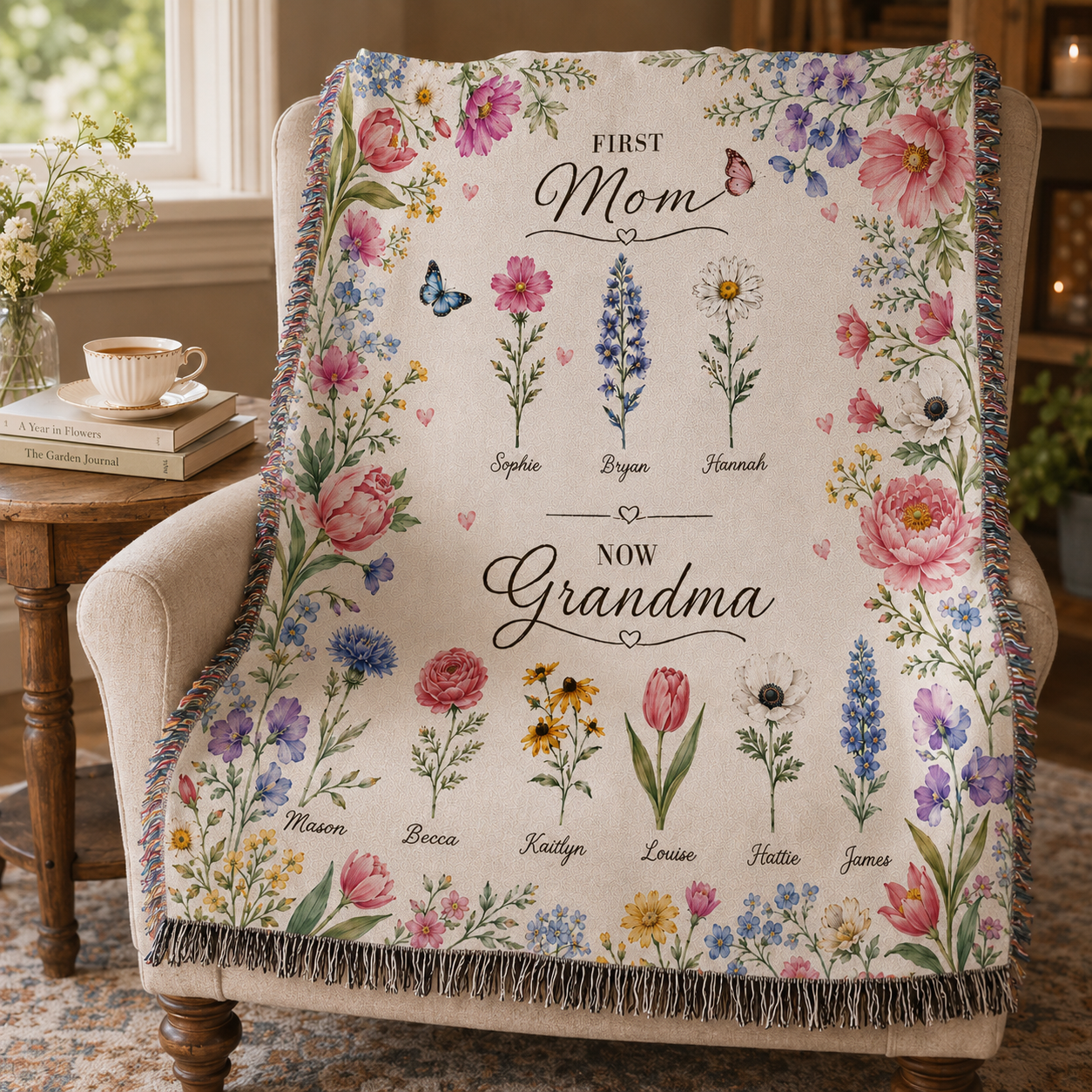 Personalized grandma birth flower blanket on armchair