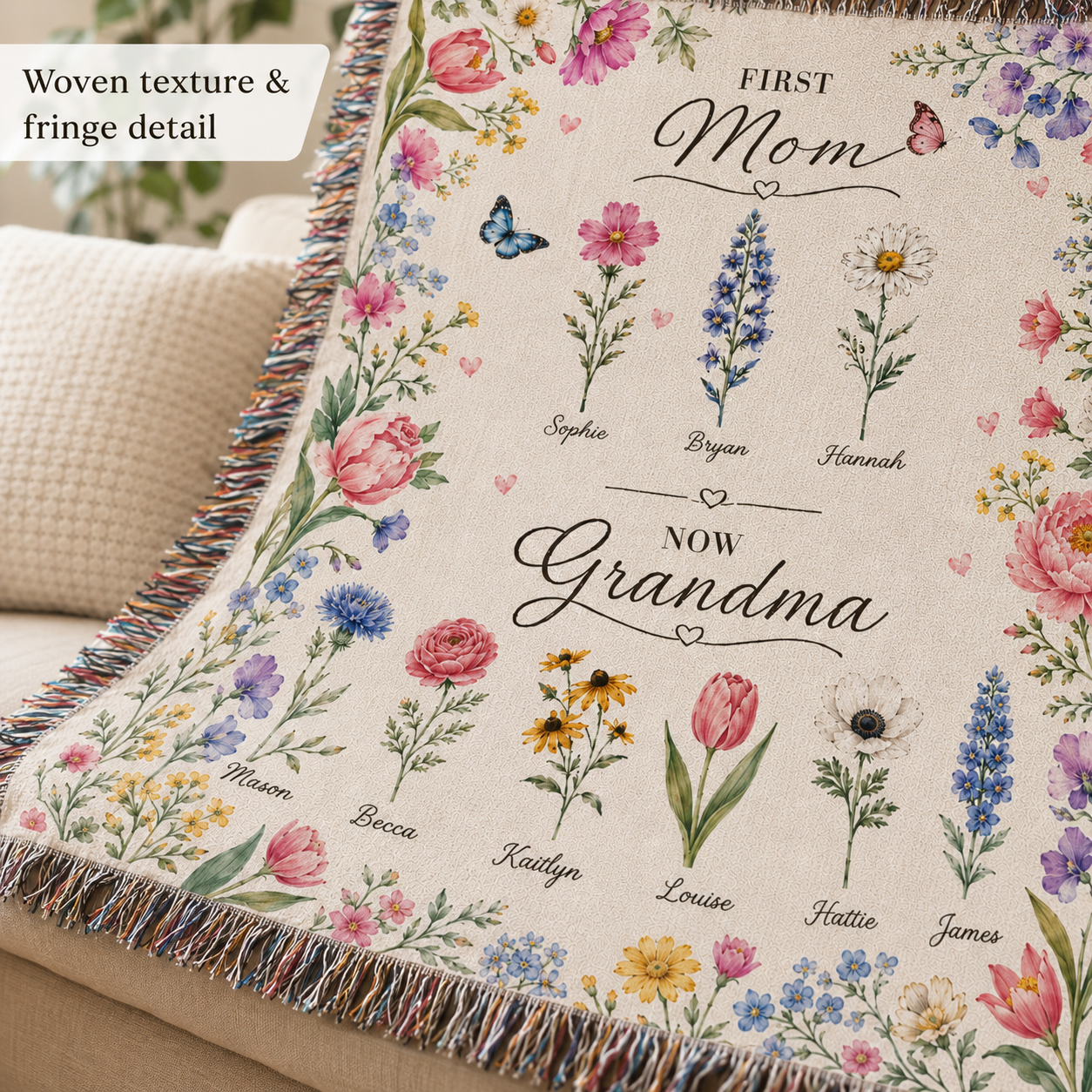 Woven texture and fringe detail of personalized blanket