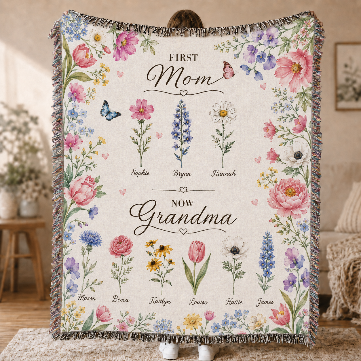 Full view of personalized grandma birth flower blanket