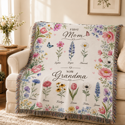 Personalized grandma birth flower blanket displayed on sofa
