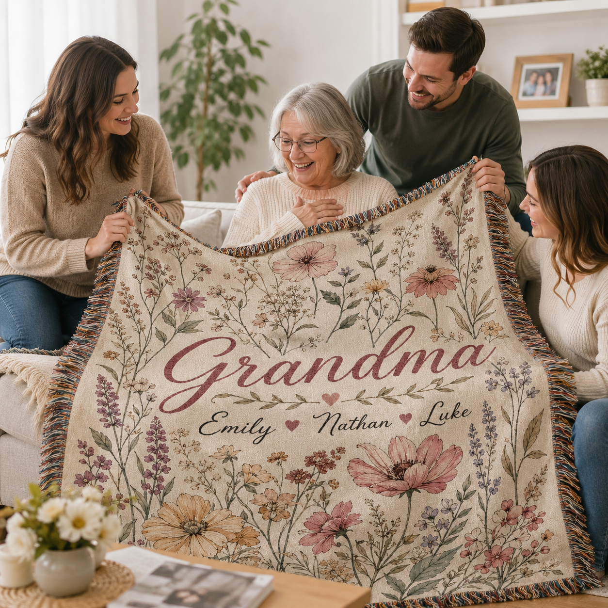 Family gifting Grandma a personalized wildflower woven blanket