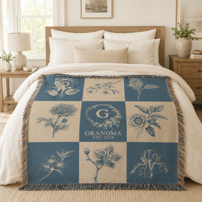 Personalized grandma botanical monogram woven blanket displayed on a warm neutral bedroom bed