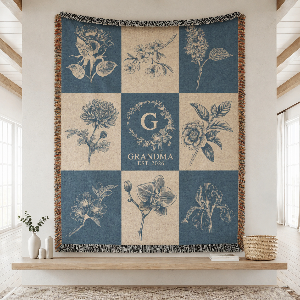 Personalized grandma botanical monogram woven blanket with custom initial and established year