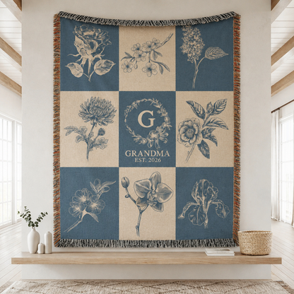 Personalized grandma botanical monogram woven blanket with custom initial and established year