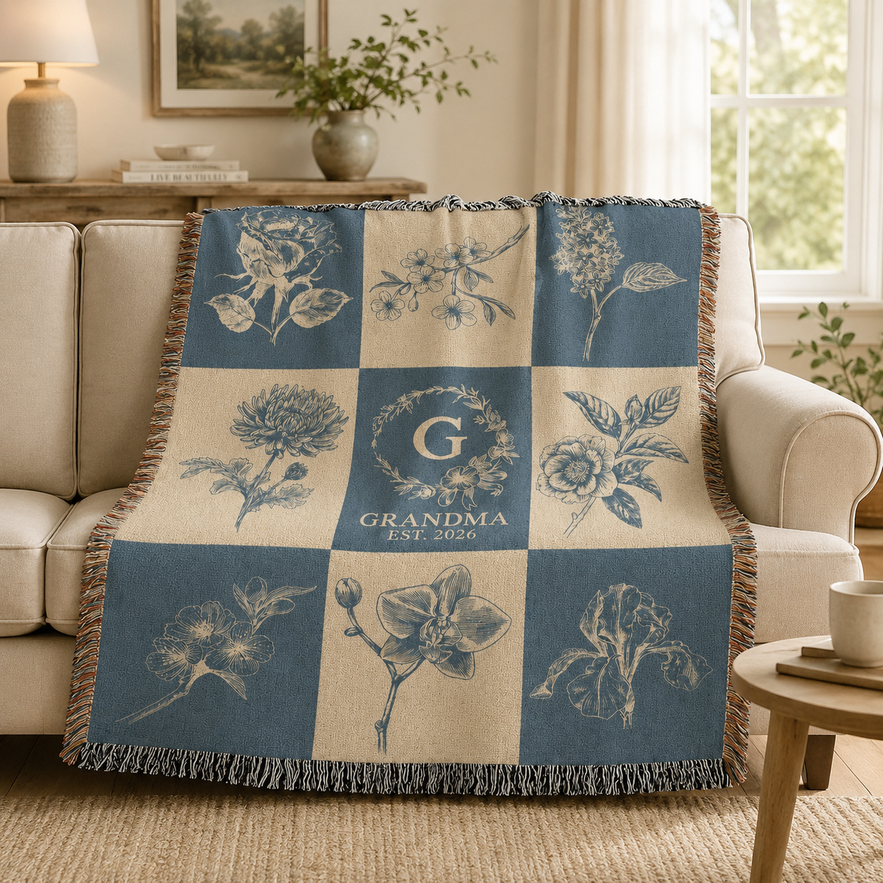 Personalized grandma botanical monogram woven blanket styled on a cozy living room sofa