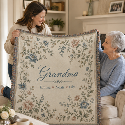Granddaughter gifting a personalized floral woven blanket to Grandma