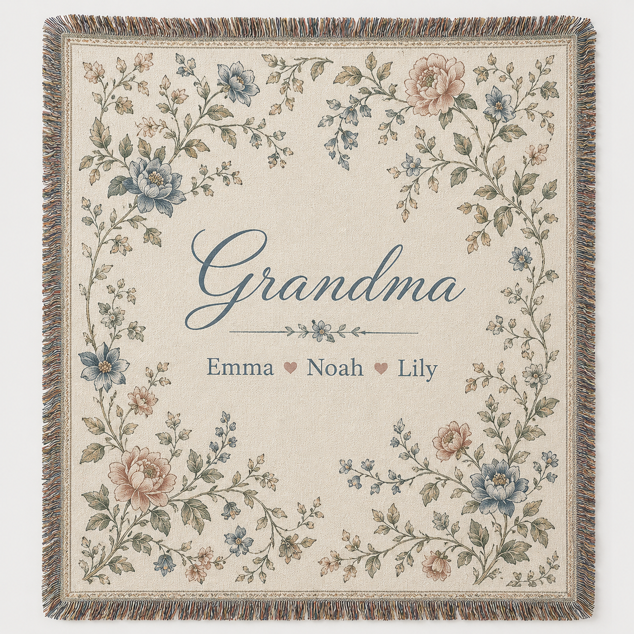 Personalized Grandma floral woven blanket with custom grandkids names