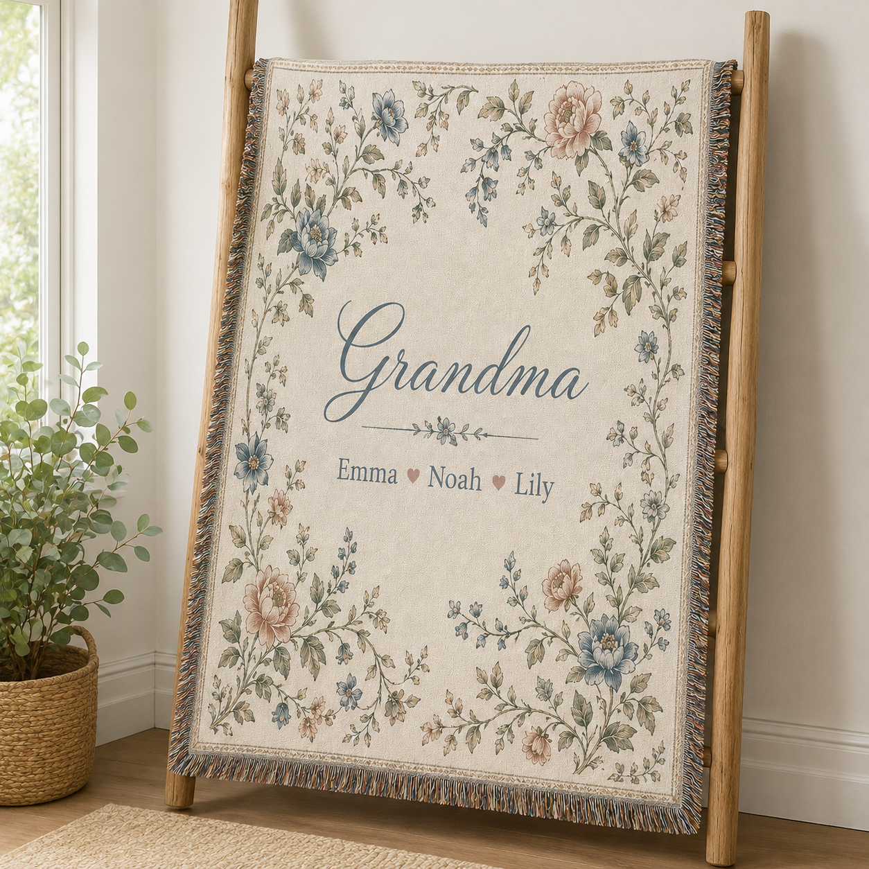 Personalized Grandma floral woven blanket displayed on a wooden ladder