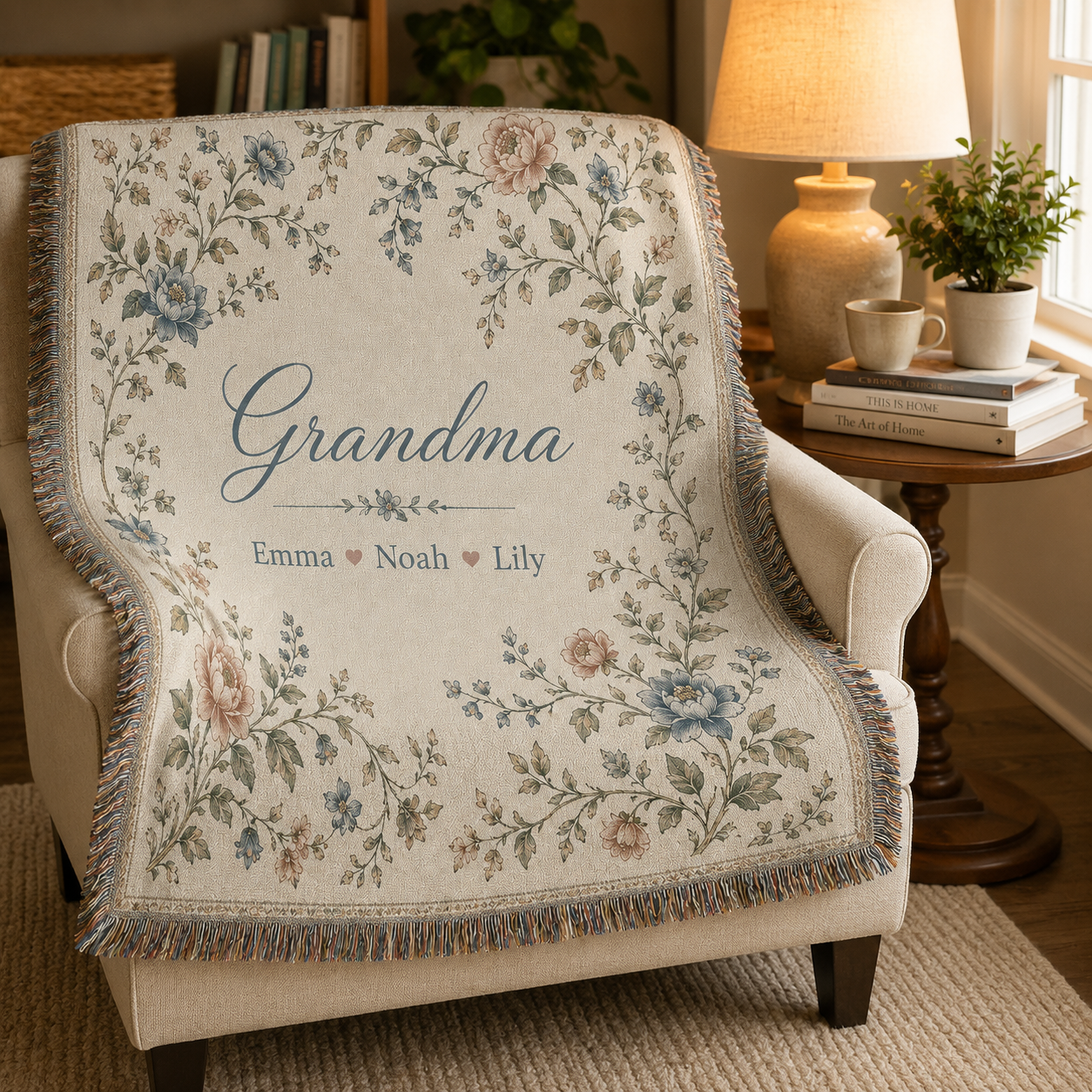 Personalized Grandma woven blanket draped over a cozy reading chair