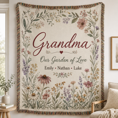 Personalized Grandma garden woven blanket with custom grandkids names