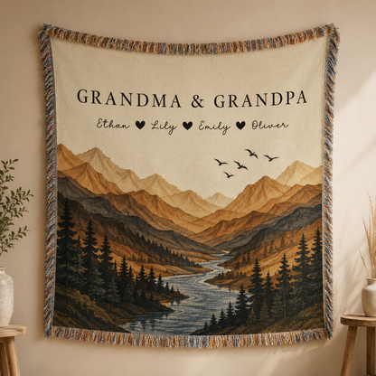 Personalized Grandma and Grandpa woven blanket with grandkids names and mountain river design