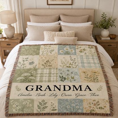 Personalized Grandma meadow patchwork woven blanket displayed on a cozy neutral bed