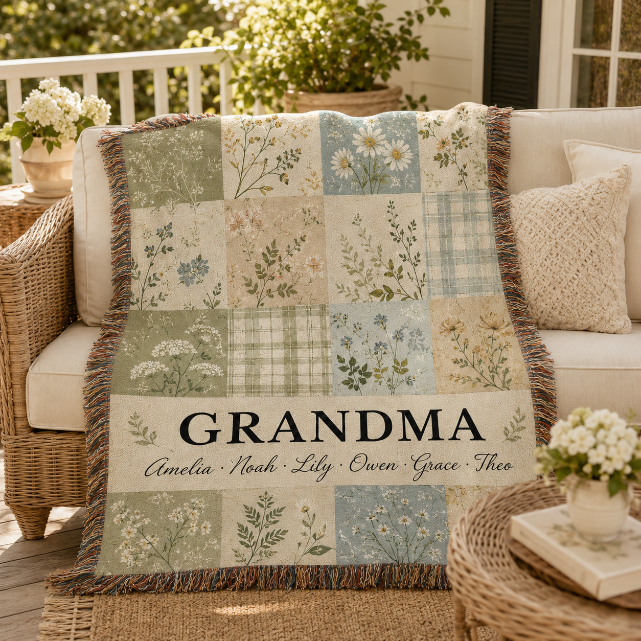 Personalized Grandma meadow patchwork woven blanket styled on a sunny porch sofa