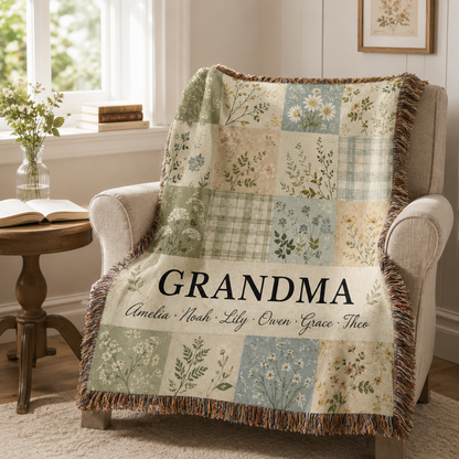 Personalized Grandma meadow patchwork woven blanket draped over a cozy reading chair