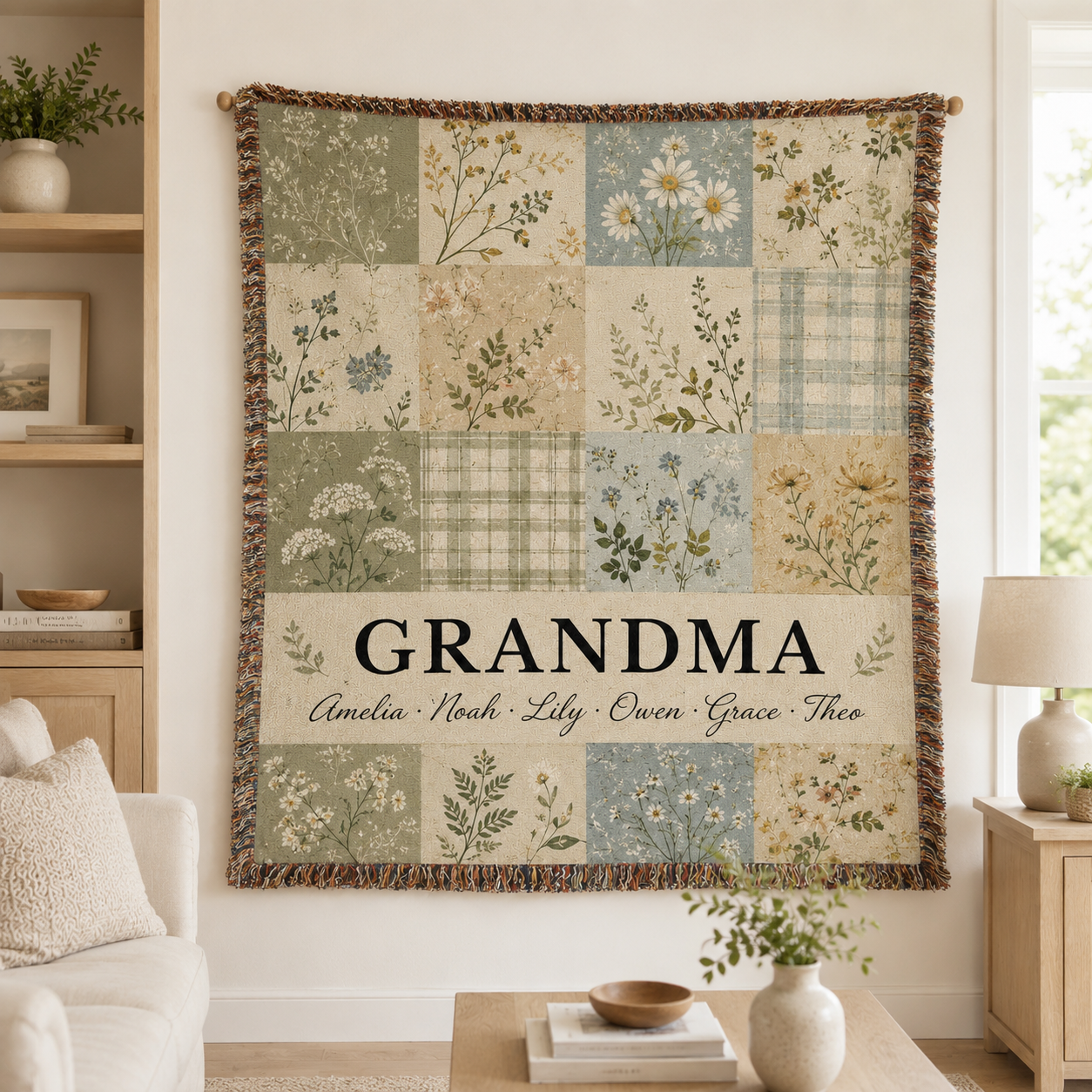 Personalized Grandma meadow patchwork woven blanket displayed as floral wall textile decor