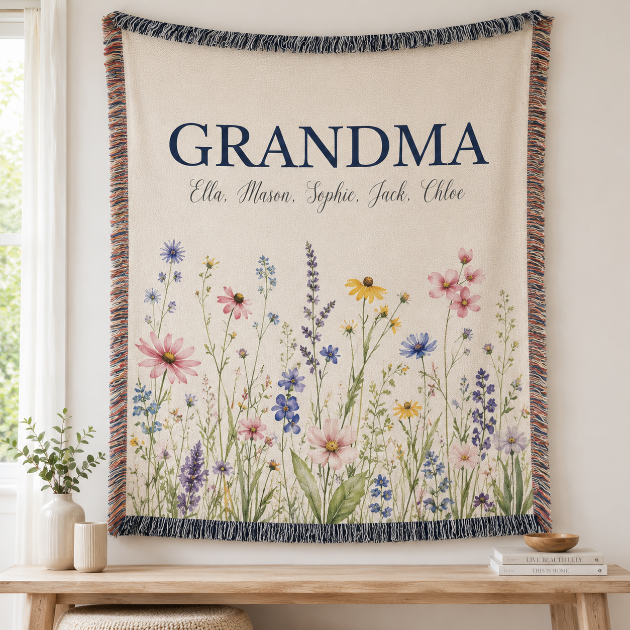 Personalized Grandma meadow wildflower woven blanket with custom grandkids names