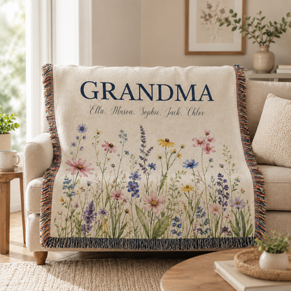 Personalized Grandma meadow wildflower woven blanket styled on a cozy living room sofa