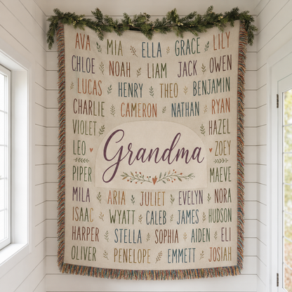 Personalized Grandma woven blanket with grandchildren names and colorful fringe