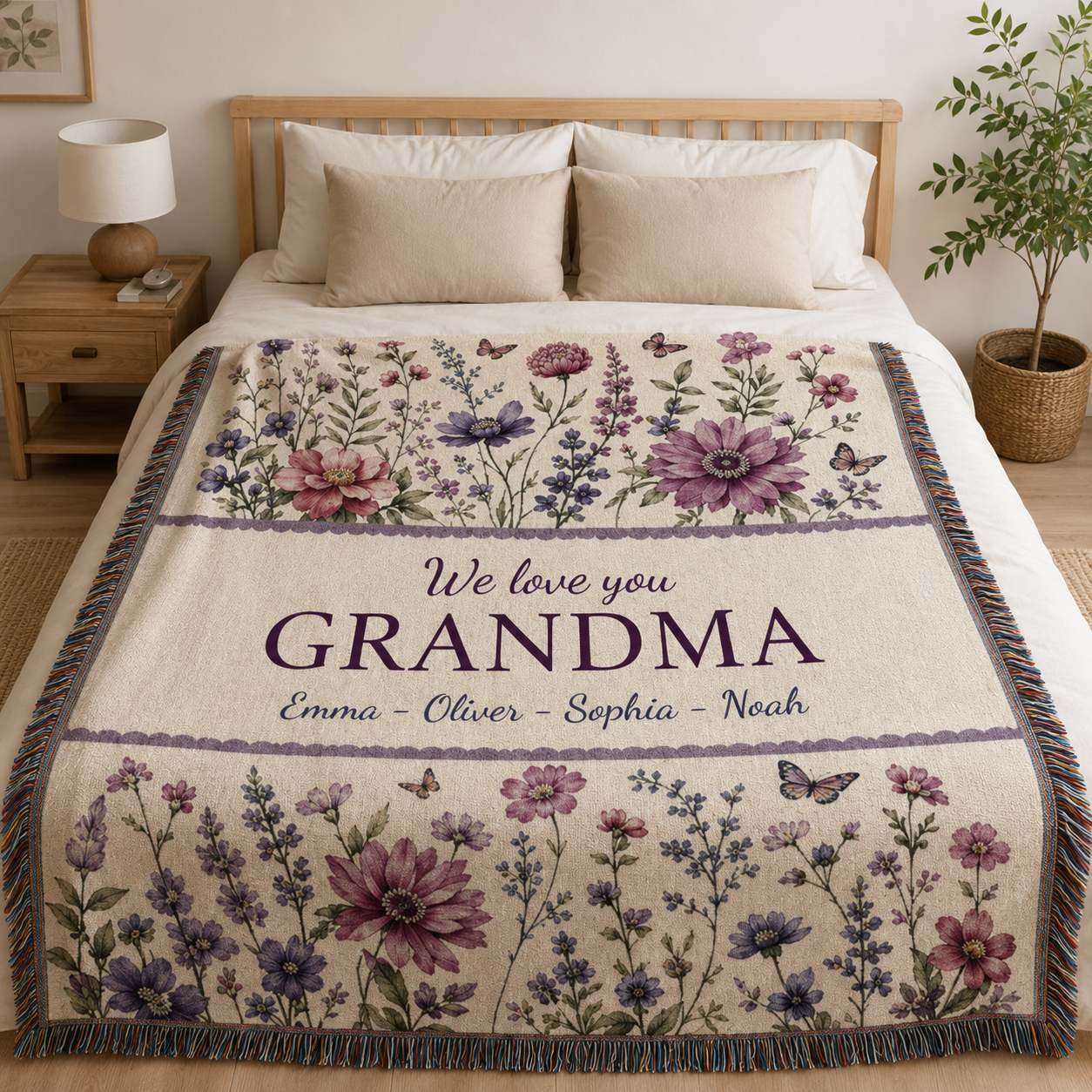 Personalized grandma wildflower woven blanket displayed on a cozy bedroom bed